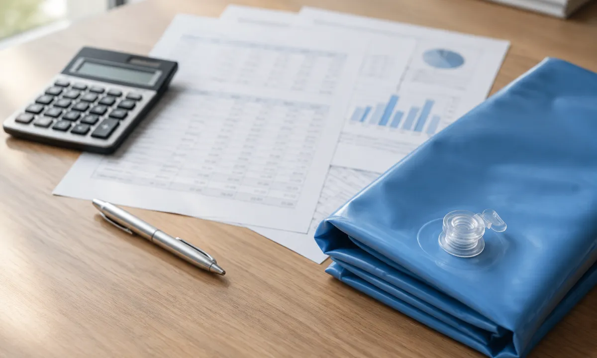 Calculator, pen and shipping documents on a wooden desk next to a folded blue inflatable fabric swatch, working out the landed cost of an inflatable imported from China