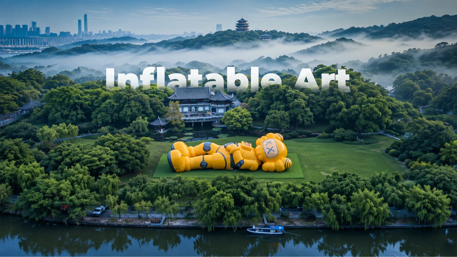Giant yellow character inflatable art installation on a Hangzhou lakeside lawn