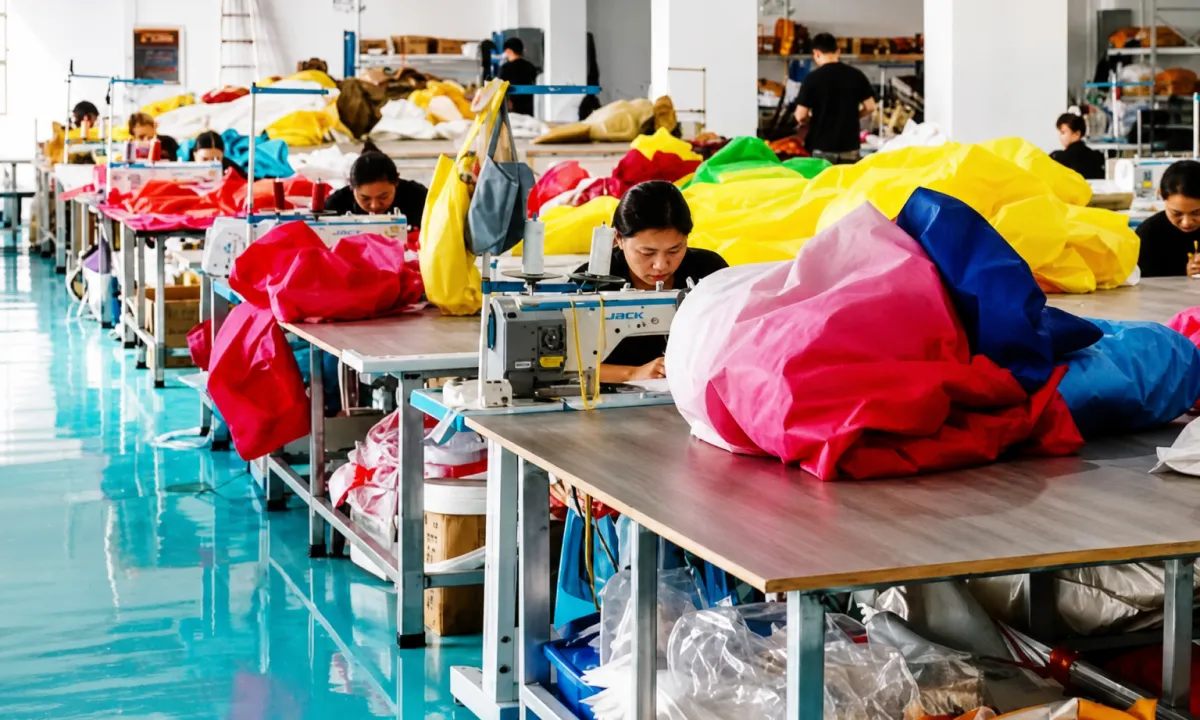 Workers sewing colorful commercial inflatable panels on the production floor of an inflatable factory in Wenzhou, China