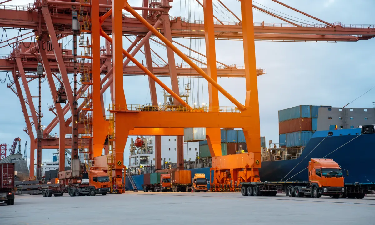 Gantry cranes lifting shipping containers at a container terminal — the ocean freight leg of importing inflatables from China