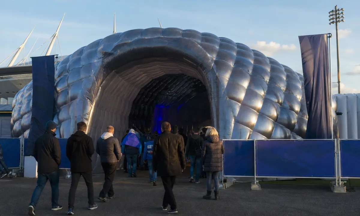 Large custom inflatable pavilion at a sports event fan zone