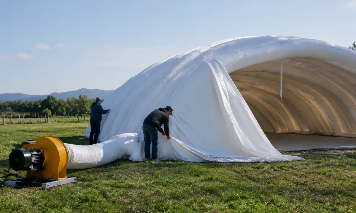 Workers installing a temporary inflatable event structure outdoors
