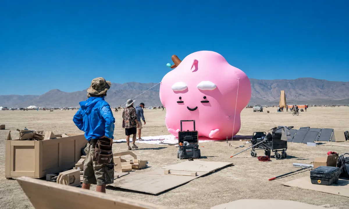 Crew members managing tether lines on a giant inflatable at an open desert festival site — anchoring inflatables in exposed locations